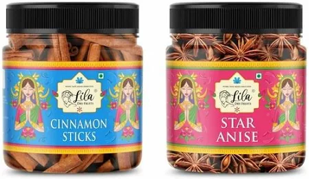 LILA DRY FRUITS True Sri Lankan Cinnamon Quills & Star Anise Combo 50g each (100gms total) Jar Pack | Dal Chini Sticks & Badhiya Phool| Authentic